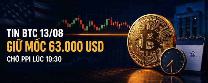 A Bitcoin news graphic dated 13/08 states that BTC is holding the $63,000 USD level while awaiting the PPI data release at 19:30, featuring an American flag and a golden Bitcoin coin.