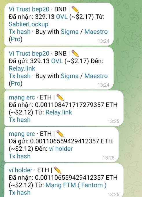 Vietnamese-language cryptocurrency transaction notifications showing BNB and ETH transfers via Ví Trust, mang erc, vi holder, SablierLockup, Relay.link, and Fantom network.