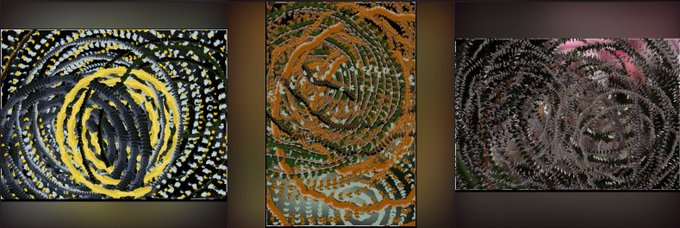 A triptych of three abstract digital artworks with swirling, embroidered-like patterns in yellow/black, orange/green, and pink/brown color schemes.