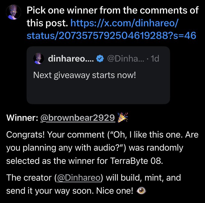 Twitter/X post from @dinhareo announcing a giveaway winner @brownbear2929 for TerraByte 08, with the winner's comment 'Oh, I like this one. Are you planning any with audio?' selected randomly.