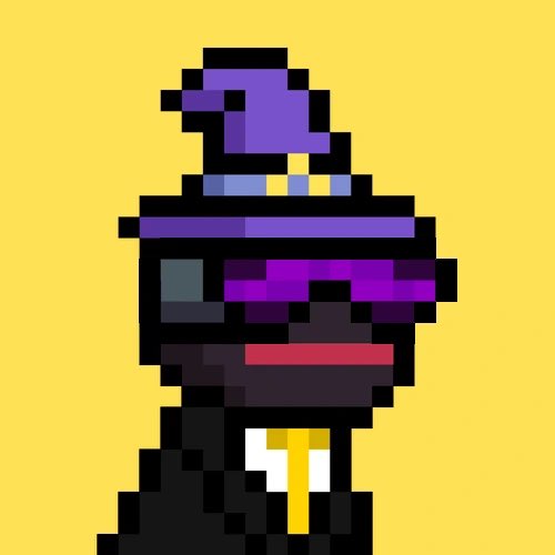 A pixel art illustration of a character with a purple hat and bandaged head against a yellow background.