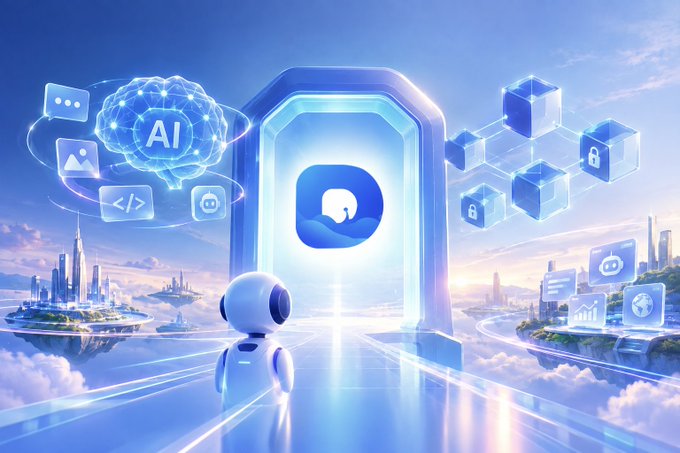 A futuristic AI-themed digital artwork featuring a small robot facing a glowing portal with an elephant logo, surrounded by floating tech icons including AI, blockchain cubes, and chat bubbles against a sci-fi cityscape.