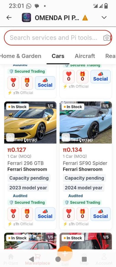 A screenshot of the OMENDA Pi Pay app showing the "Cars" marketplace category, displaying listings for a Ferrari 296 GTB (π0.127, 2023 model year) and Ferrari SF90 Spider (π0.134, 2024 model year), both marked as "In Stock" and priced in Pi cryptocurrency. The image illustrates the Pi ecosystem marketplace in action, demonstrating how real-world luxury goods can be bought and sold using Pi as outlined in the post about peer-to-peer commerce.