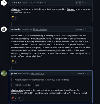 A Reddit-style forum thread shows users 'dsfhondm' and 'jonatack' discussing Bitcoin Improvement Proposals (BIPs), specifically commenting on 'PR' and 'BIP-433' and questioning their necessity for consensus changes.