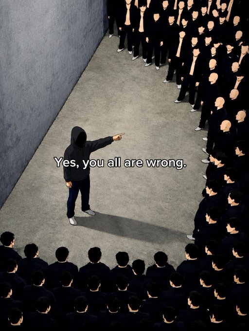 An anime-style illustration shows a hooded figure pointing at a large crowd of similarly dressed people, with the caption "Yes, you all are wrong."