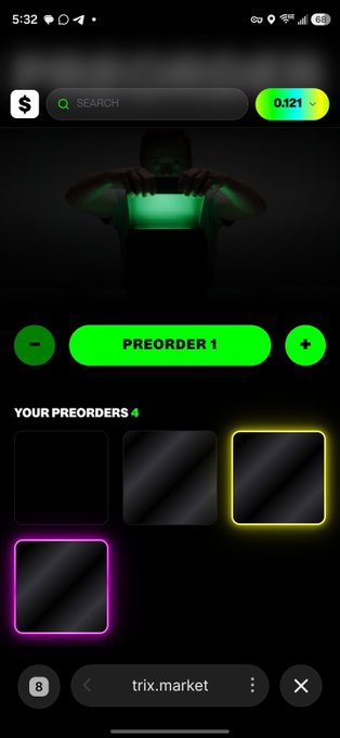 A dark-themed mobile app screenshot from 'trix.market' showing a preorder interface with 'PREORDER 1' button, a balance of 0.121, and four 'YOUR PREORDERS' slots highlighted in different colors.