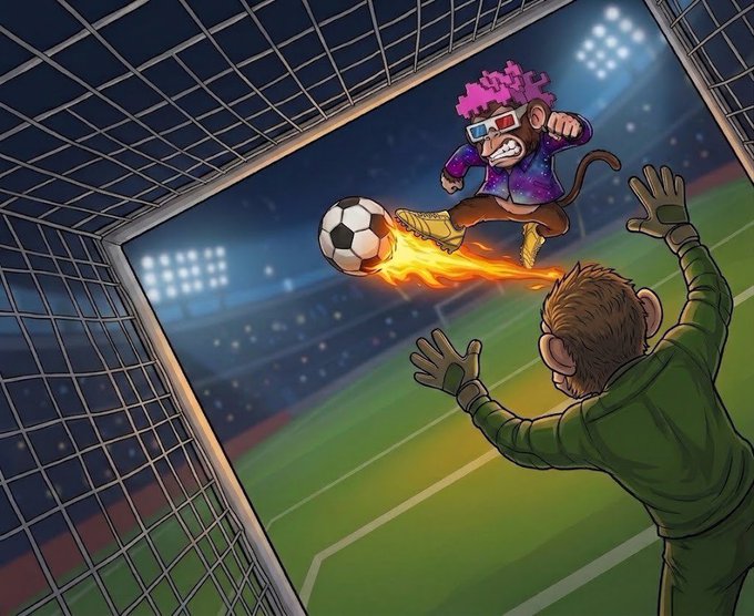 A cartoon-style NFT illustration of a monkey with pink hair and 3D glasses kicking a flaming soccer ball past a goalkeeper into a net during a stadium match.