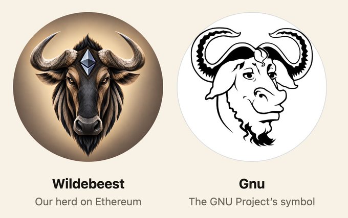 A comparison of two logos: a detailed wildebeest head labeled 'Wildebeest - Our herd on Ethereum' and a line-drawn gnu head labeled 'Gnu - The GNU Project's symbol'.