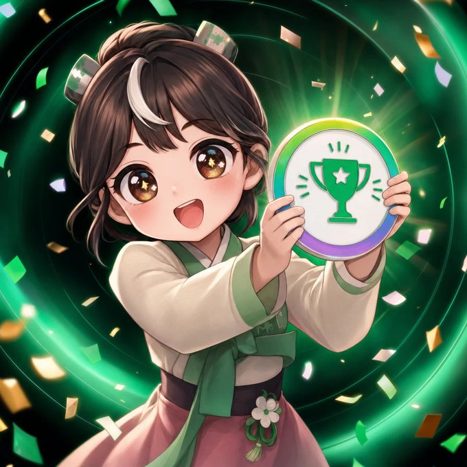 A cheerful chibi-style anime girl with dark hair styled in a bun, wearing traditional Korean hanbok, holds up a glowing green badge featuring a trophy icon, surrounded by green and gold confetti. The image celebrates CryptoChunhyang earning her 2nd All-Star Badge on AbstractChain, with the trophy emblem symbolizing her achievement.