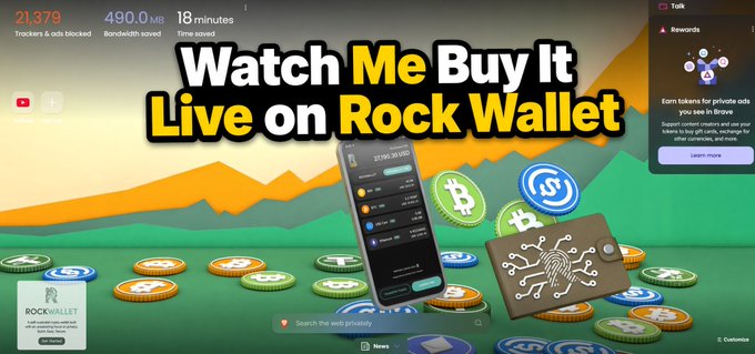 A webpage displays 'Watch Me Buy It Live on Rock Wallet' with a phone showing cryptocurrency tokens and statistics like 21,379 trackers and 490.0MB bandwidth.