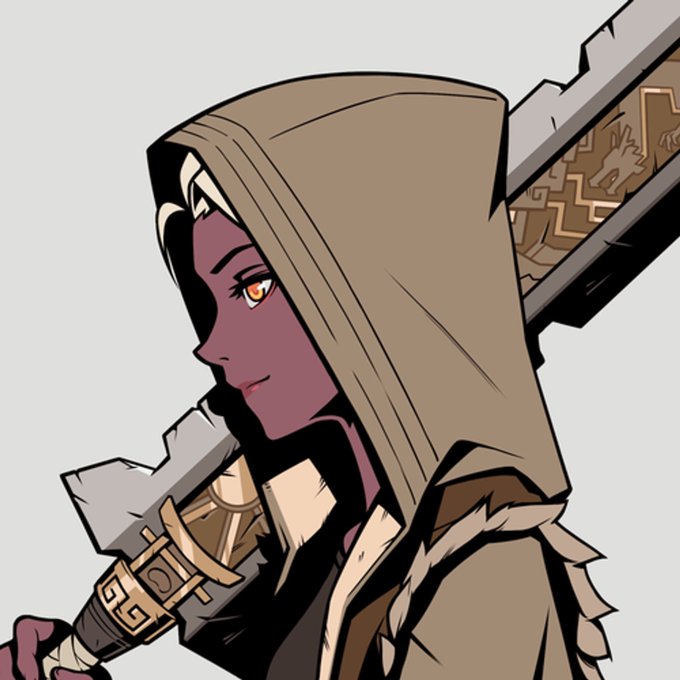 An anime-style illustration of a hooded character with purple skin, an orange eye, and a braided ponytail, carrying a large sword over their shoulder.