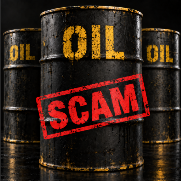 Three black barrels labeled "OIL" are stamped with a red "SCAM" warning, symbolizing the DOJ's accusations that crypto funds—allegedly tied to Iranian oil proceeds and routed through Binance—are part of a sanctioned transaction scheme.