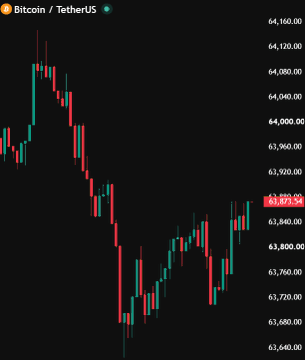 A Bitcoin/TetherUS (BTC/USDT) candlestick chart shows a sharp decline followed by a recovery attempt, with the price hovering around $63,872.54, illustrating the crypto market's recent volatility amid the user's concerns about Bitcoin falling while stocks rise.