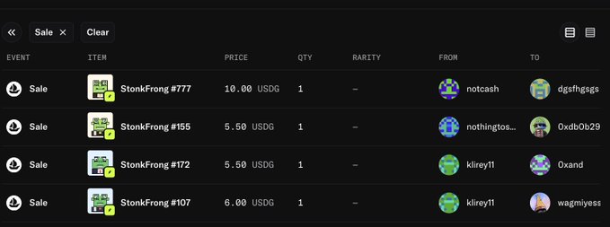 A dark-themed blockchain transaction tracker displaying a list of Sale events for "StonkFrong" NFT items with prices in USDG, showing sellers and buyers like notcash, nothingtos..., klirey11, dgsfhgsgs, 0xdb0b29, Oxand, and wagmiyess.