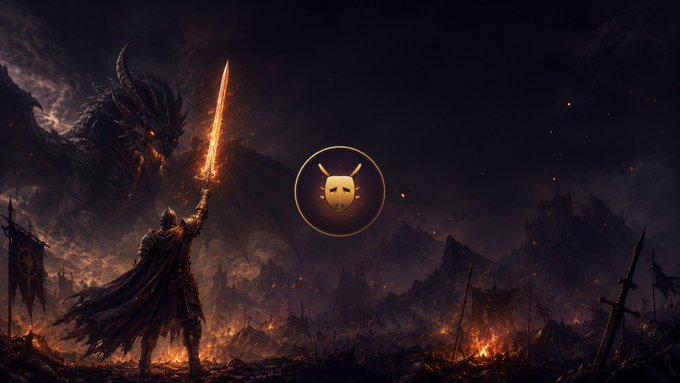 A knight raises a flaming sword against a menacing dragon amid a fiery battlefield, with a small devil-horned logo centered above—evoking Moltera's fantasy RPG theme of forging heroes and battling foes, tying directly to the post's launch announcement.
