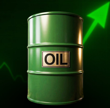 A green oil barrel labeled "OIL" stands in front of an upward-trending green arrow, symbolizing WTI crude oil's exceptional performance in 2026 as the best-performing major asset at +45.6%, outpacing stocks, gold, and cryptocurrencies.