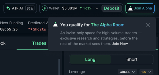 A trading platform interface showing a wallet balance of $5,383M (+1.63%), with a pop-up message stating 'You qualify for The Alpha Room,' described as an invite-only space for high-volume traders offering exclusive research and strategies.