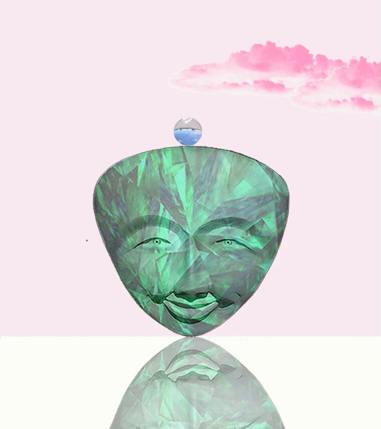 The image features a green mask with a face, placed on a white surface. The mask has a large gemstone or crystal on top of its head, adding an interesting visual element to the scene. The background includes a pink sky filled with clouds, creating a whimsical and surreal atmosphere. The caption "Focus your time is coming opensea.io/item/ethereum/ ..." suggests that this image might be related to a discussion or post about gemstones, crystals, or other items of interest on the website Opensea.io.
