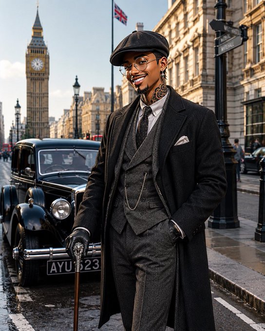 A man in a vintage three-piece suit and flat cap stands on a London street, holding a cane near a classic car, with Big Ben visible in the background.