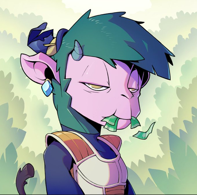 A colorful digital illustration of a pink-skinned demon-like character with green hair, small horns, and a blue gem earring, with money in its mouth, standing against a leafy background.