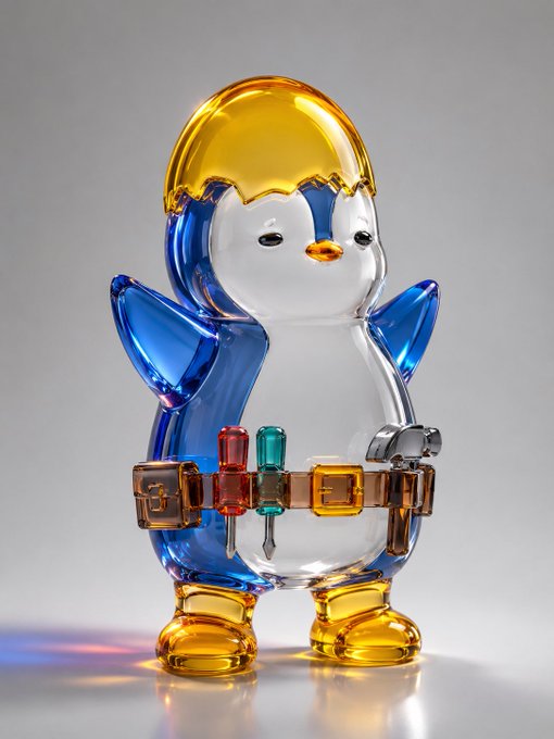 The image features a glass penguin figurine standing upright with its arms outstretched, wearing a blue shirt and yellow pants. The penguin has a tool belt around its waist, which includes various tools such as a hammer and screwdriver. The penguin is positioned in front of a gray background, making it the main focus of the image.