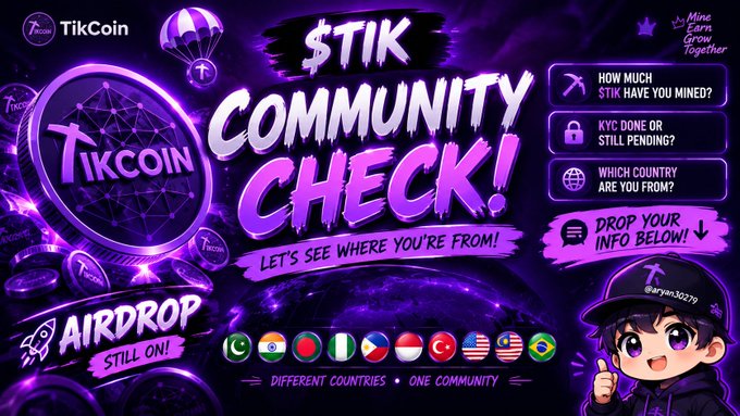 A purple-themed TikCoin promotional graphic advertising a '$TIK Community Check' and 'Airdrop Still On!' with country flags and an anime character.