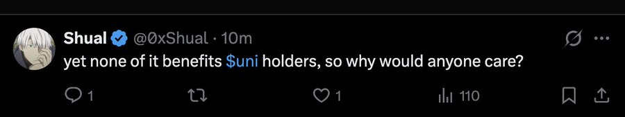 A screenshot of a tweet from Shual (@0xShual) questioning why people would care about Uniswap developments if they don't benefit UNI holders. The tweet shows 1 reply, 1 like, and 110 views, which relates to the broader discussion about Uniswap's protocol fees being active and the ongoing governance proposals regarding fee distribution across various chains.