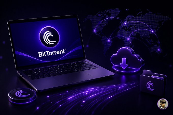 A promotional image shows a laptop displaying the BitTorrent logo alongside a cloud download icon and cryptocurrency tokens on a purple world map backdrop.