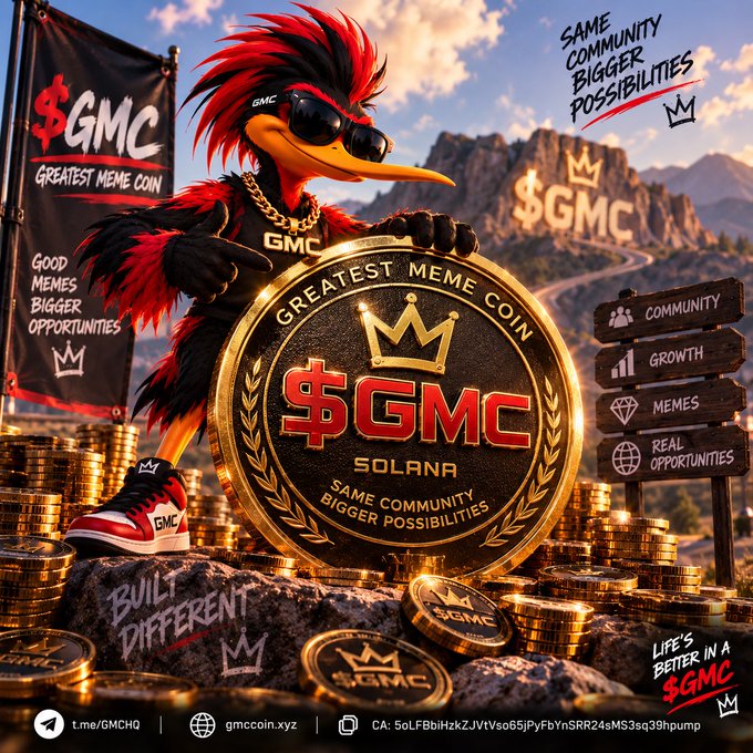 A promotional graphic for '$GMC - Greatest Meme Coin' on the Solana blockchain, featuring an anthropomorphic bird mascot in sunglasses and a gold chain, standing among stacks of coins with slogans like 'SAME COMMUNITY BIGGER POSSIBILITIES' and 'BUILT DIFFERENT'.