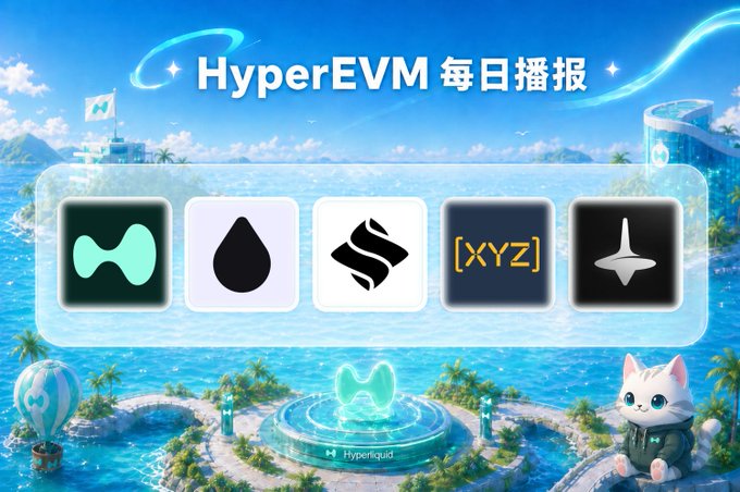 The image features a poster for Hyper Liquid EVM that showcases five different logos representing various aspects of the cryptocurrency world. These logos include a drop symbol, a cat logo, a ship logo, a bubble logo, and a balloon logo. The poster also includes text in Chinese and English, which might be related to the content or promotion of the cryptocurrency.