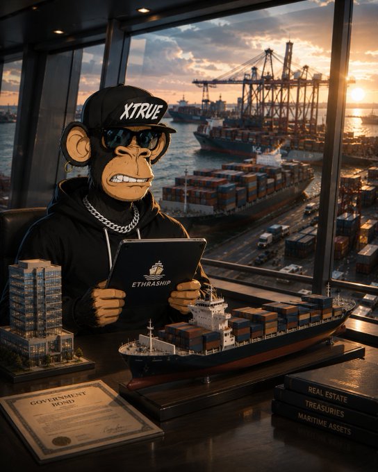 A cartoon monkey wearing a black cap with "XTRUE" and sunglasses sits at a desk holding a tablet labeled "ETHRASHIP," with a model cargo ship, miniature buildings, and books labeled "REAL ESTATE," "TREASURIES," and "MARITIME ASSETS" nearby, while a container port is visible through the window.
