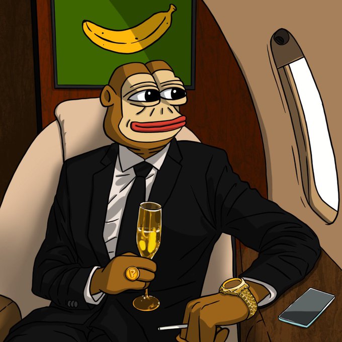 The image features a cartoon monkey sitting in an airplane seat with a glass of champagne in front of him. The monkey appears to be dressed in a suit and tie, giving off a sophisticated and stylish vibe. There are also two cell phones visible on the table next to the monkey, suggesting that he might be attending a business meeting or a formal event. The post reads "I buy what's cheap, and sell what's expensive. $PONKE", which could potentially be related to the image of the cartoon monkey dressed in a suit and tie holding a glass of champagne.