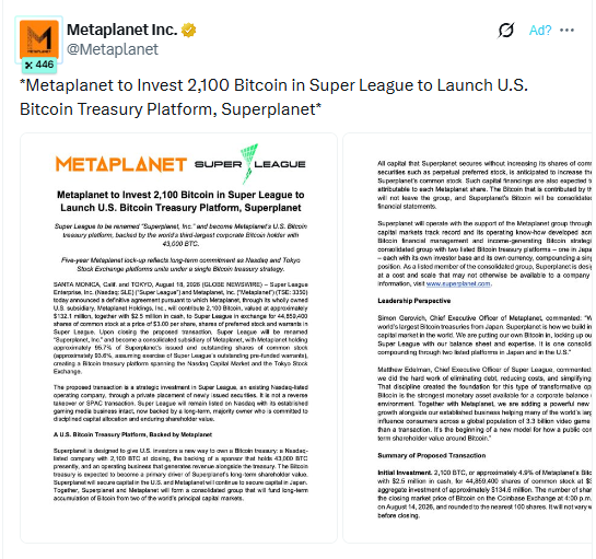 An announcement from Metaplanet Inc. (@Metaplanet_JP) about investing 2,100 Bitcoin in Super League to launch a U.S. Bitcoin Treasury Platform.