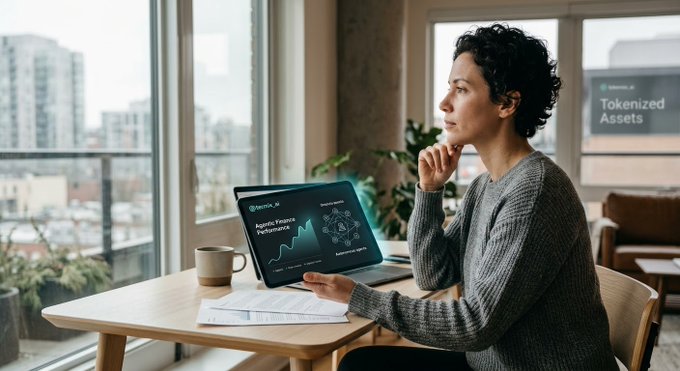 A woman in a grey sweater sitting at a table by a window using a laptop showing 'Assetify Finance Performance', with 'Tokenized Assets' text overlay.