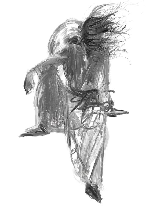 The image features a black and white sketch of a person sitting down, with their hair blowing in the wind. The sketch is rendered in a loose style, giving it an artistic feel. The background appears to be a plain white wall or canvas, which further emphasizes the focus on the subject matter. There are no texts or other objects present in the image, and the relative position of the person sitting down suggests that they are the main subject of the sketch.