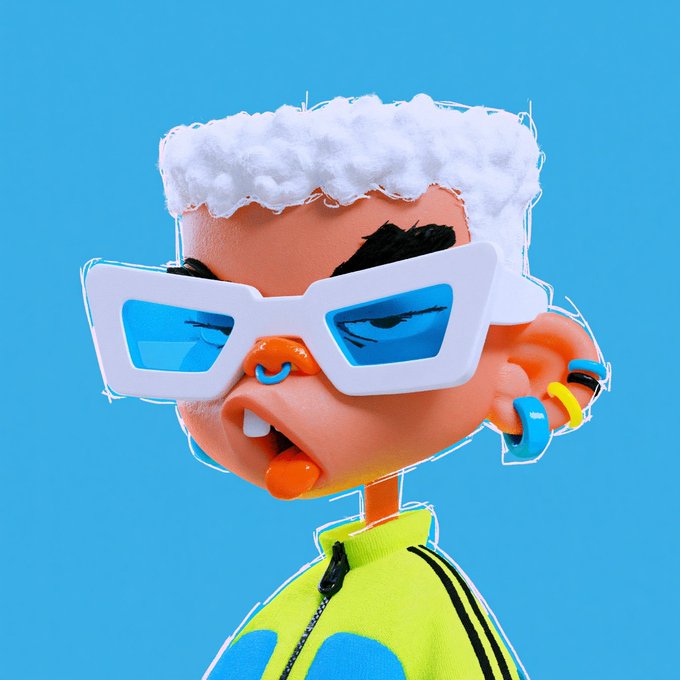 A close-up of a stylized 3D character with white hair, blue-tinted rectangular sunglasses, a nose ring, and a yellow and blue jacket against a bright blue background.