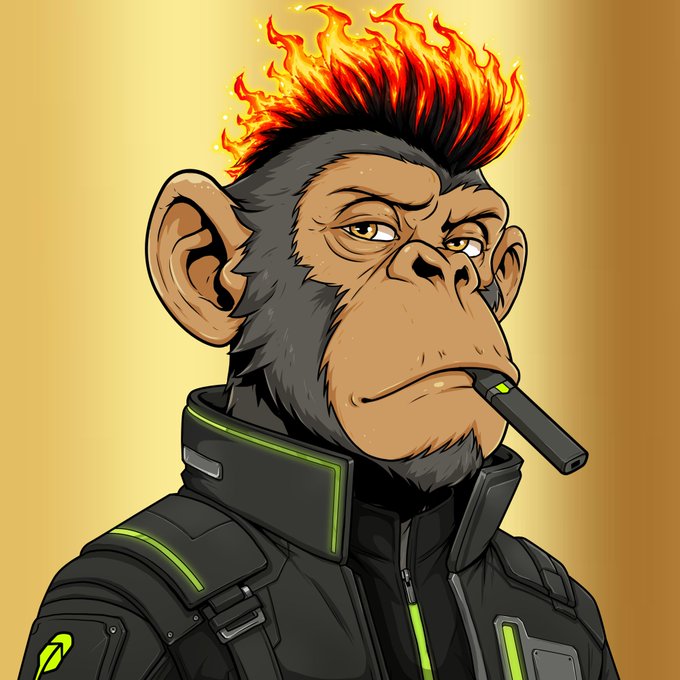 A digital cartoon illustration of a monkey with a fiery red and yellow mohawk, wearing a black tactical jacket and smoking a cigarette.