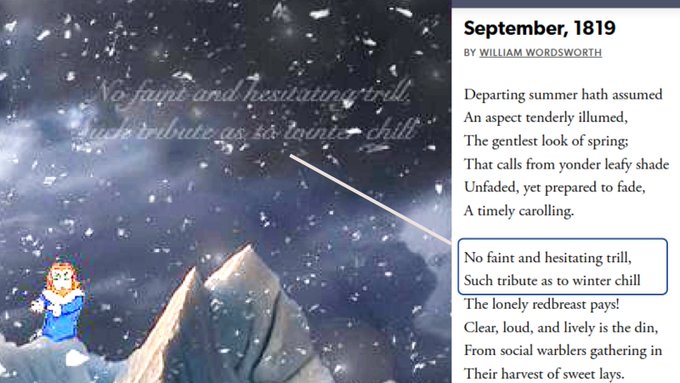 The image features William Wordsworth's poem "September, 1819" alongside a moody illustration of a figure in a snowy mountain landscape, with the highlighted line "No faint and hesitating trill, Such tribute as to winter chill" visually linking the textual poetry to the atmospheric artwork, evoking the poem's themes of autumn transitioning toward winter.