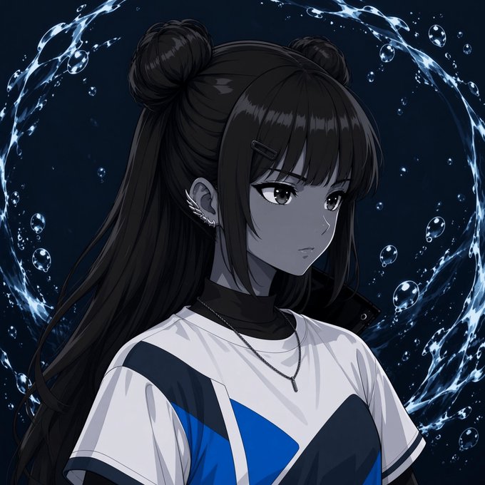 An anime-style illustration of a girl with black hair in twin buns wearing a blue and white jersey, surrounded by water bubbles.