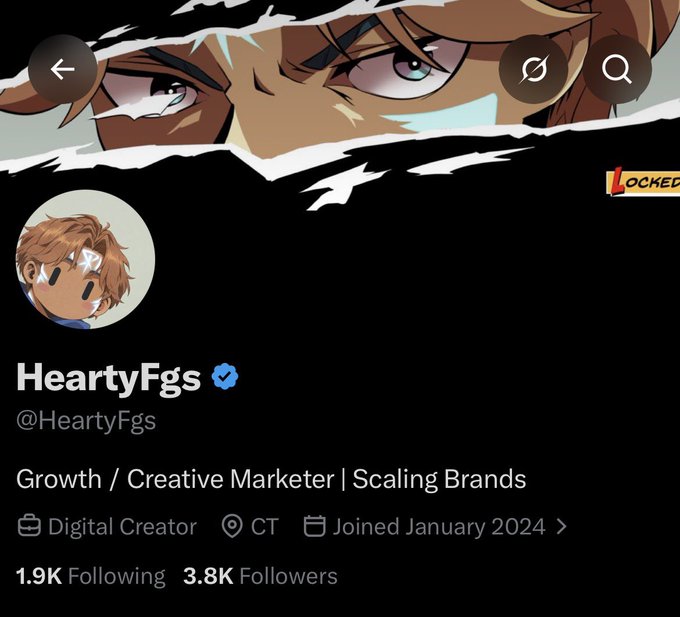 A Twitter/X profile page for 'HeartyFgs' (@HeartyFgs) displaying an anime-style banner and profile picture, described as a 'Growth / Creative Marketer | Scaling Brands' Digital Creator based in CT with 3.8K Followers.