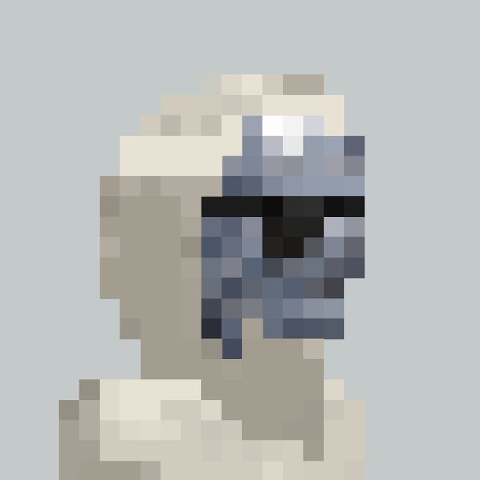 Pixel art-style digital illustration depicting a figure with a blue and black robotic/visor-like face against a light blue background.