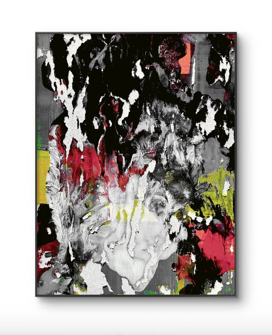 An abstract mixed-media artwork in a black frame, featuring a chaotic face composed of black, white, red, yellow, and gray textured brushstrokes.