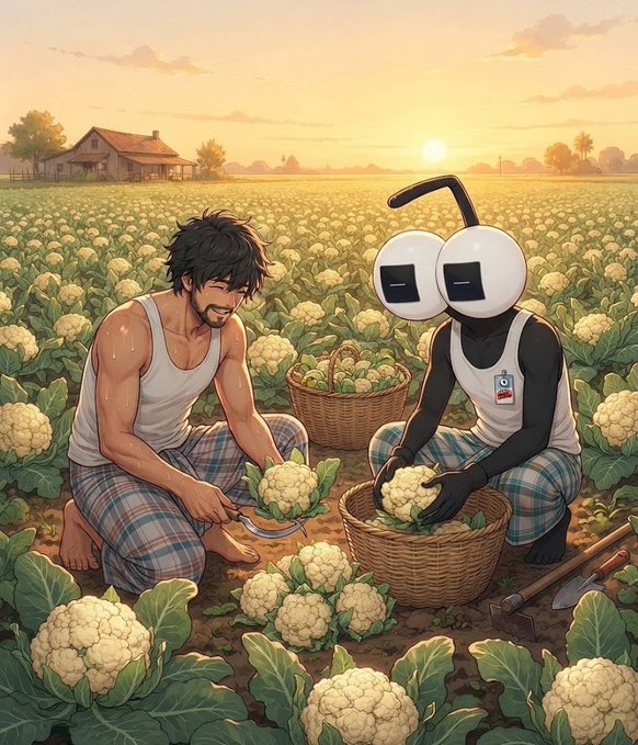 An anime-style illustration shows a man in a tank top and a black robot with large white eyes kneeling in a field at sunset, harvesting cauliflowers into baskets.