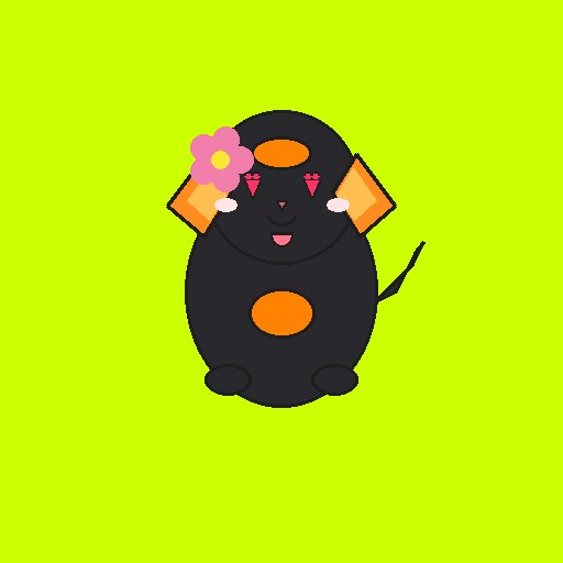 An illustration of a cute, round black cartoon character with orange cheeks and a flower on its head, standing against a bright green background.