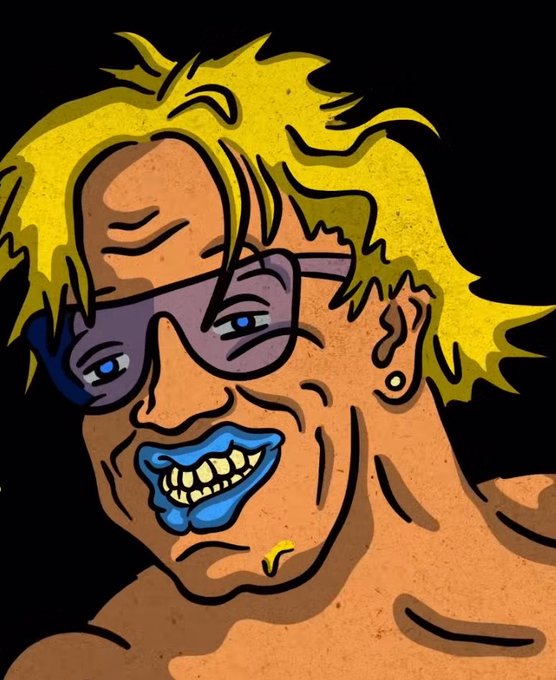 A colorful cartoon-style illustration of a character with wild blonde hair, purple sunglasses, blue lips revealing prominent teeth, and facial piercings, rendered in bold outlines with vibrant colors against a black background.