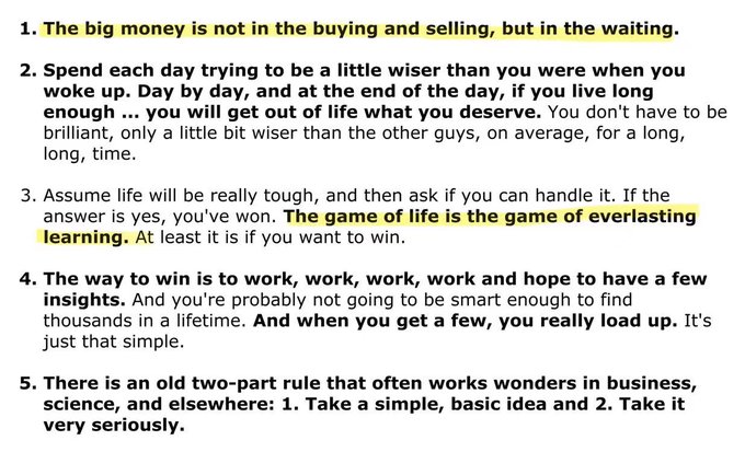 A list of five highlighted text quotes about wisdom and life, including points about waiting for big money, daily self-improvement, lifelong learning, and work ethic.
