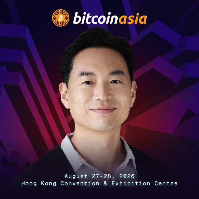 A promotional graphic for 'bitcoin asia' featuring a smiling man, dated August 27-28, 2026 at the Hong Kong Convention & Exhibition Centre.