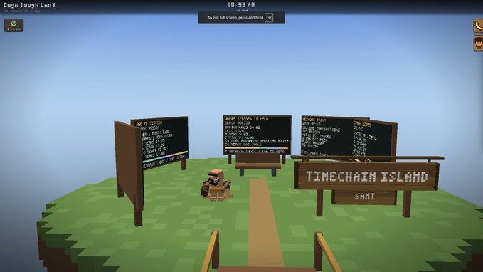 A screenshot from a sandbox game showing a floating island called 'TIMECHAIN ISLAND' with informational signs and a pixelated character.