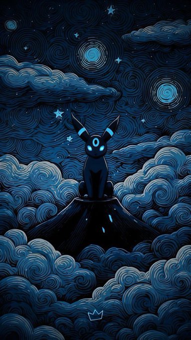 A stylized blue-toned illustration of an Umbreon-like creature with glowing blue markings sitting atop a dark mountain or volcano. The creature is surrounded by swirling, swirling clouds and a starry night sky with two spiral moons.