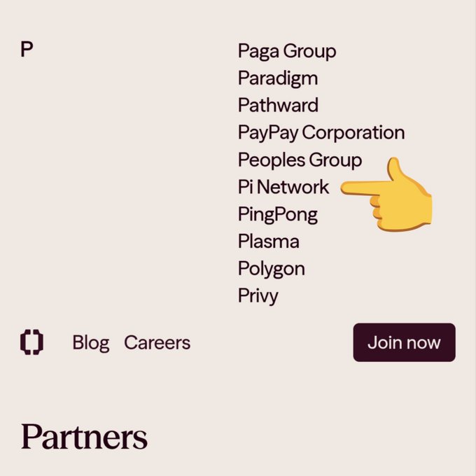 An alphabetical partner list shows various companies under "P," with a pointing finger emoji highlighting "Pi Network," indicating Pi Network has joined an elite group of over 140 global giants backing Open USD (OUSD).